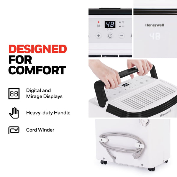 Honeywell TP70WKNR 50 Pint (70 Pint 2019 DOE Standard) Energy Star Portable Dehumidifier with Mirage Display, White
