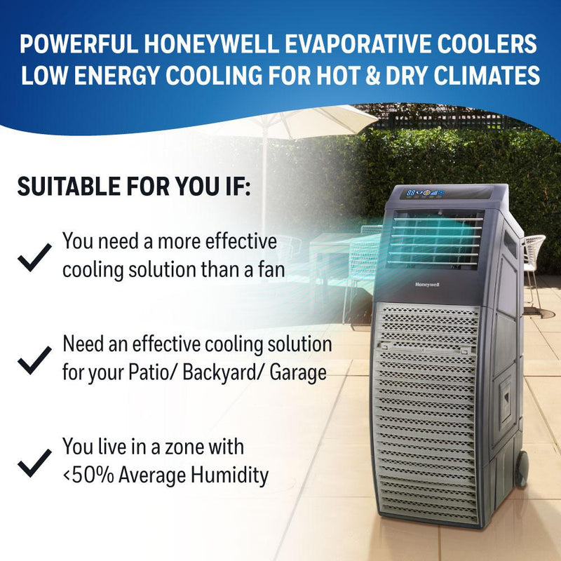 Honeywell CO301PC 969 CFM 590 sq. ft. Powerful Outdoor Evaporative Air Cooler with Beverage & Storage Compartment, Gray Evaporative Air Cooler Honeywell 